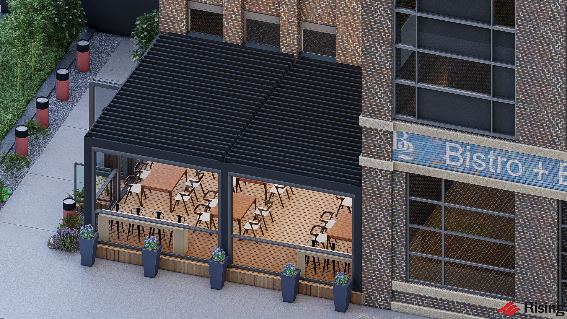B2 Bistro Reading PA — Motorized SkyTilt Louvered Roof detail